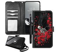 YICKLMNP Wallet Case for Cricket Debut S2/AT&T Calypso 4 - RFID Blocking,Shockproof,Card Slots,Wrist Strap,PU Leather Cover with Magnetic Closure & Multi-Angle Stand,Rose Skull Black Angel Design