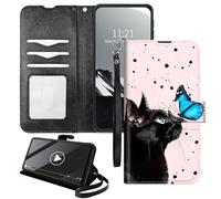 YICKLMNP Wallet Case for Moto G85/S50 Neo - RFID Blocking,Shockproof,Card Slots,Wrist Strap,PU Leather Cover with Magnetic Closure & Multi-Angle Stand,Black Cat Butterfly