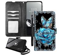 YICKLMNP Wallet Case for Moto G85/S50 Neo - RFID Blocking,Shockproof,Card Slots,Wrist Strap,PU Leather Cover with Magnetic Closure & Multi-Angle Stand,Blue Butterfly Flower