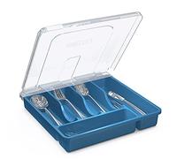 YICOCHI Utensil Holder for Countertop with Lid, Plastic Silverware Tray for Drawer, 5 Compartments Flatware Organizer, Navy Blue