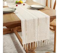 Yicorgard Boho Table Runner Rustic Style 13“ x 120”, Cream Braided Farmhouse Linen Table Runner 120 Inches Long with Tassels for Dining Room Kitchen