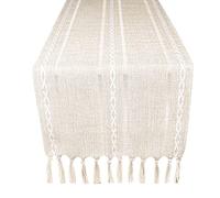 Yicorgard Boho Table Runner Rustic Style 13“ x 72”, Cream Braided Farmhouse Linen Table Runner 72 Inches Long with Tassels for Dining Room Kitchen