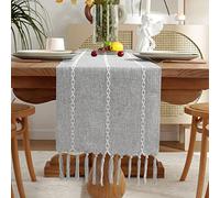 Yicorgard Boho Table Runner Rustic Style 13“ x 90”, Light Grey Braided Farmhouse Linen Table Runner 90 Inches Long with Tassels for Dining Room Kitchen