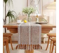 Yicorgard Farmhouse Table Runner Rustic Style 13“ x 48”, Braided Striped Linen Fall Table Runner 48 Inches Long with Tassels for Dining Room Kitchen Reading Dresser Décor,Brown