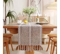 Yicorgard Farmhouse Table Runner Rustic Style 33 x 183 cm, Braided Striped Linen Table Runner 72 Inches Long with Tassels for Dining Room Kitchen Reading Dresser Décor,Brown