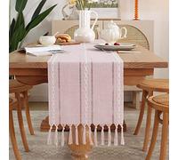 Yicorgard Farmhouse Table Runner Rustic Style 33 x 275 cm, Braided Striped Linen Table Runner 108 Inches Long with Tassels for Dining Room Kitchen Reading Dresser Décor,Pink