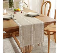 Yicorgard Farmhouse Table Runner Rustic Style 33 x 305 cm, Braided Striped Linen Table Runner 120 Inches Long with Tassels for Dining Room Kitchen Reading Dresser Décor,Cream