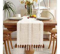 Yicorgard Rustic Table Runner Rustic Farmhouse Style 13“ x 48”, Braided Striped Linen Cream Table Runner 48 Inches Long with Tassels for Dining Room Kitchen Reading Dresser Décor,Ivory White