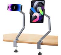 YICOSUN Tablet Arm Mount with Super Grip, Adjustable Foldable Holder & Heavy Duty Aluminum 360° Rotating Clamp for iPad, Phone, Monitor, Kindle - Universal for Desk, Bed, Kitchen - Space Grey