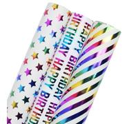 YICOTA 3 Rolls Metallic Foil Birthday Gift Wrapping Paper 43cm x 3m (17" x 9.8') per Roll Colorful Shiny Rainbow Birthday Wrapping Paper Roll for Party, Baby Shower,Gifts Decorations