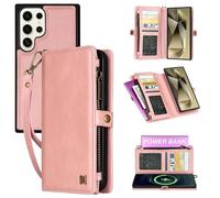 Yidai-Silu 2-in-1 Wallet Case for Samsung Galaxy S23 Ultra 2-in-1 Vegan Leather Magnetic Detachable Shockproof Phone Case Flip Folio Cover with Card holders Protection 2-Way Kickstand - Pink