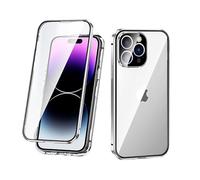 Yidai-Silu for iPhone 15 Pro Max Magnetic Adsorption Metal Case Tempered Glass Full Cover Built-in Camera Protector 360 Degree Front and Back Protection for iPhone 15 Pro Max - Silver