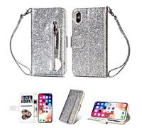 Yidai-Silu Galaxy S22 Ultra Bling Flip Wallet Case 【Kickstand, Sequins, Card Holder】 Leather Zipper Glitter Magnetic Closure Purse Case Folio Cover for Samsung Galaxy S22 Ultra 6,8" - Silver