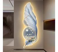 Yidlkecqey Large Feather Wall Hanging Sculpture Painting with LED Light,3D Wall Feather Sculptures Painting Hanging Wall Art With Led Light,for Hallway, Living Room(Type K,35x100cm/13.7x39.4in)