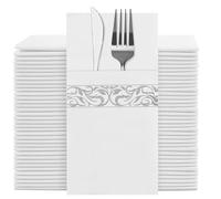 YIDUHAO Disposable Linen Feel Napkins, Built-in Flatware Pocket, Decorative Wedding Napkins with Silver Stripe Print, Folded Party Napkin, Soft, Strong, Absorbent, and Pre-Folded,Pack of 50