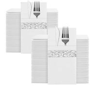 YIDUHAO Disposable Linen Feel Napkins, Built-in Flatware Pocket, Decorative Wedding Napkins with Silver Stripe Print, Folded Party Napkin, Soft, Strong, Absorbent, and Pre-Folded, Pack of 100
