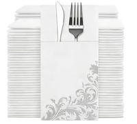 YIDUHAO Disposable Linen Feel Napkins, Built-in Flatware Pocket,Wedding Napkins with Silver Stripe Print, Folded Party Napkin, Soft, Strong, Absorbent 100pcs