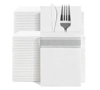 YIDUHAO Pocket Napkins,Disposble Cloth Like Napkins,Built-in Flatware Pocket,Decorative Wedding Napkins with Silver Stripe Print, Pre-Folded Party Napkin, Soft, Strong, Absorbent,Pack of 100