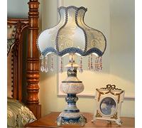 YIeDGvb Bedside lamp, Classical Table Lamp Retro Blue Cloth Shade Bedside Glass Beads Desk with Resin Carved Base for Bedroom Living Room, 13 inch