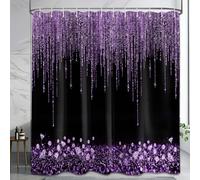 Yieldeer Black and Purple Shower Curtain Sparkle Shimmer Bathroom Decor Shiny Bath Curtain, (No Glitter), Waterproof Cloth Fabric with Hooks, 72x72 inch