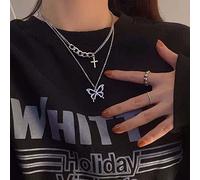 Yienate Boho Layered Butterfly Necklace Choker Vintage Silver Butterfly Cross Pendant Necklace Figaro Chain Cross Choker Rock Statement Butterfly Necklace Jewelry for Women and Girls