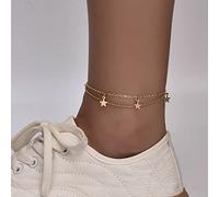 Yienate Boho Layered Star Anklet Bracelet Gold Star Pendant Beads Satellite Anklet Foot Chain Beach Layered Anklets Foot Jewelry Gift for Women Girls