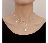 Yienate Boho Layered Star Moon Lightning Necklace Choker Vintage Silver Crescent Moon Choker Star Lightning Necklace Moon Pendant Necklace Multilayer Statement Necklace Jewelry for Women and Girls