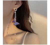 Yienate Boho Long Tassels Butterfly Earrings Purple Butterfly Dangle Earrings Long Tassel Pearl Drop Earrings Statement Tassel Crystal Bead Drop Earrings Gold Hoop Stud Earrings for Women and Girls