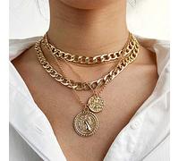 Yienate Boho Multilayer Coin Necklace Vintage Gold Chunky Link Cuban Chain Choker Disc Coin Pendant Necklace Rock Statement Layered Coin Necklace Charm Jewelry for Women and Girls