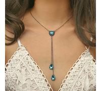 Yienate Boho Y Crystal Necklace Choker Blue Crystal Heart Choker Long Rhinestone Teardrop Pendant Necklace Silver Lariat Necklace Sparkly Crystal Tassel Birthstone Necklace Jewelry for Women Girls