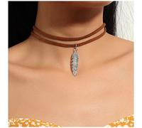 Yienate Layered Brown Velvet Choker Necklace Vintage Silver Feather Pendant Necklace Choker Gothic Layered Leaf Pendant Choker Stacked Velvet Necklace Jewelry for Women and Girls