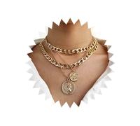 Yienate Multilayer Boho Vintage Gold Chunky Link Cuban Chain Choker Disc Pendant Necklace Rock Statement Layered Coin Charm Jewellery For Women And Girls