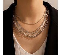 Yienate Punk Layered Coin Necklace Vintage Silver Large Sequin Pendant Necklace Hip-hop Chunky Cuban Chain Choker Rock Statement Necklace Multilayer Disc Necklace Charm Jewelry for Women and Girls