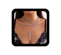 Yienate Punk Layered Dagger Knife Choker Necklace Silver Vintage Sword Cross Pendant Necklace Gothic Matching Sword Through Circle Necklaces Multilayer Chunky Cuban Chain Necklaces Jewelry for Women