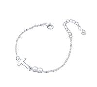 Yienate Unique Tiny Cross Pearl Bracelets Chain Silver Hand Chain Hand Harness Dainty Pearl Link Cross Slave Bracelets for Women and Girls