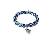 Yienate Vintage Blue Evil Eye Hamsa Hand Bracelet Black Magnet Elastic Bracelet Silver Bead Resin Blue Eye Flat Bead Bracelet for Women and Girls (Non-magnetic)