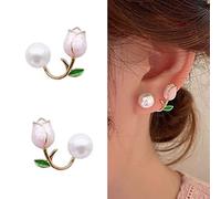 YienDoo Boho Pearl Ear Cuff Wrap Tulip Flower Jacket Statement Piercing Stud Gold Flora Front Back Climbers Crawler Earrings Jewelry for Women, Pearl