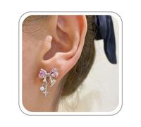 YienDoo Funky Crystal Bow Stud Earrings Silver Statement Bow Tie Ribbon Earrings Pink/White Rhinestone Bowknot Stud Earrings Ribbon Bow Studs Wedding Cute Bow Earrings Jewelry for Women, Zinc, No