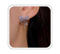 YienDoo Funky Crystal Bow Stud Earrings Silver Statement Bow Tie Ribbon Earrings Pink/White Rhinestone Bowknot Stud Earrings Ribbon Bow Studs Wedding Cute Bow Earrings Jewelry for Women, Zinc, No