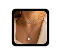 YienDoo Punk Layered Word Love Necklace Silver Padlock Necklace Love Choker Lock Pendant Necklaces Rock Statement Layered Love Lock Necklaces Charm Jewelry for Women