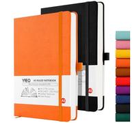 YIEO Notebook A5, 2 Pack Hardback Journal Notebook with 398 Lined Pages 80 GSM Leather Notepad with Bookmark, Pen Loop and Expandable Paper Pocket, for Office School Supplies (Black+Orange)