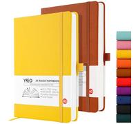 YIEO Notebook A5, 2 Pack Hardback Journal Notebook with 398 Lined Pages 80 GSM Leather Notepad with Bookmark, Pen Loop and Expandable Paper Pocket, for Office School Supplies (Yellow+Brown)