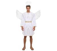 Yiesvsov Angel Devil Costume Mens Golden Edging Round Neck Gown Long Sleeve Satin Dress with Wings & Hair Hoop White S