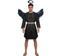 Yiesvsov Angel Devil Costume Mens Golden Edging Round Neck Gown Long Sleeve Satin Dress with Wings & Hair Hoop Black S