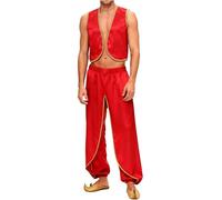 Yiesvsov Arabian Prince Cosplay Costume, Sleeveless Gold Trim Outfits, Jinnee Cosplay Performance Costume Burgundy M