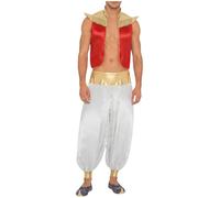 Yiesvsov Arabian Prince Cosplay Costume, Sleeveless Gold Trim Outfits, Jinnee Cosplay Performance Costume Red White 3XL