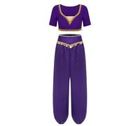 Yiesvsov Indian Princess Costume Belly Dance Outfit for Women Gold Trim Top & Sequin Tassel Long Pants 2 Pcs Purple L
