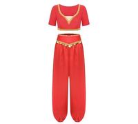 Yiesvsov Indian Princess Costume Belly Dance Outfit for Women Gold Trim Top & Sequin Tassel Long Pants 2 Pcs Red S