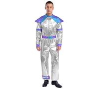 Yiesvsov Men Space Astronaut Costume Metallic Glossy Alien Outfits One Piece Robot Jumpsuit Halloween Carnival Silver 3XL