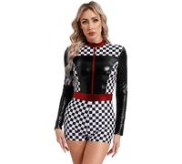 Yiesvsov Racing Driver Costume Adult, Women's Zipper Leather Bodysuit Checkerboard Race Car Romper Jumpsuit Black M